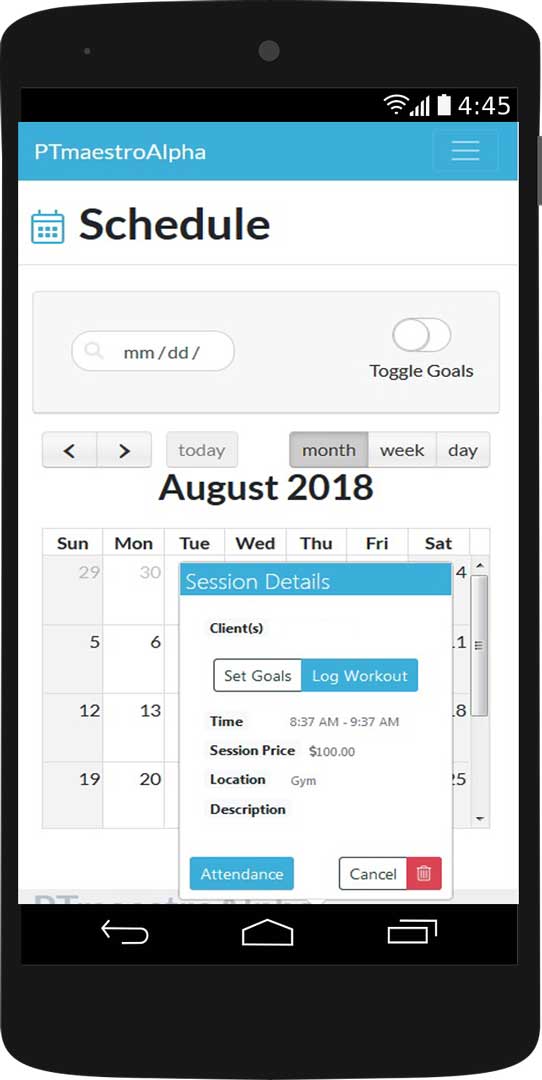 Calendar event view. PTmaestro helps you keep your clients motivated